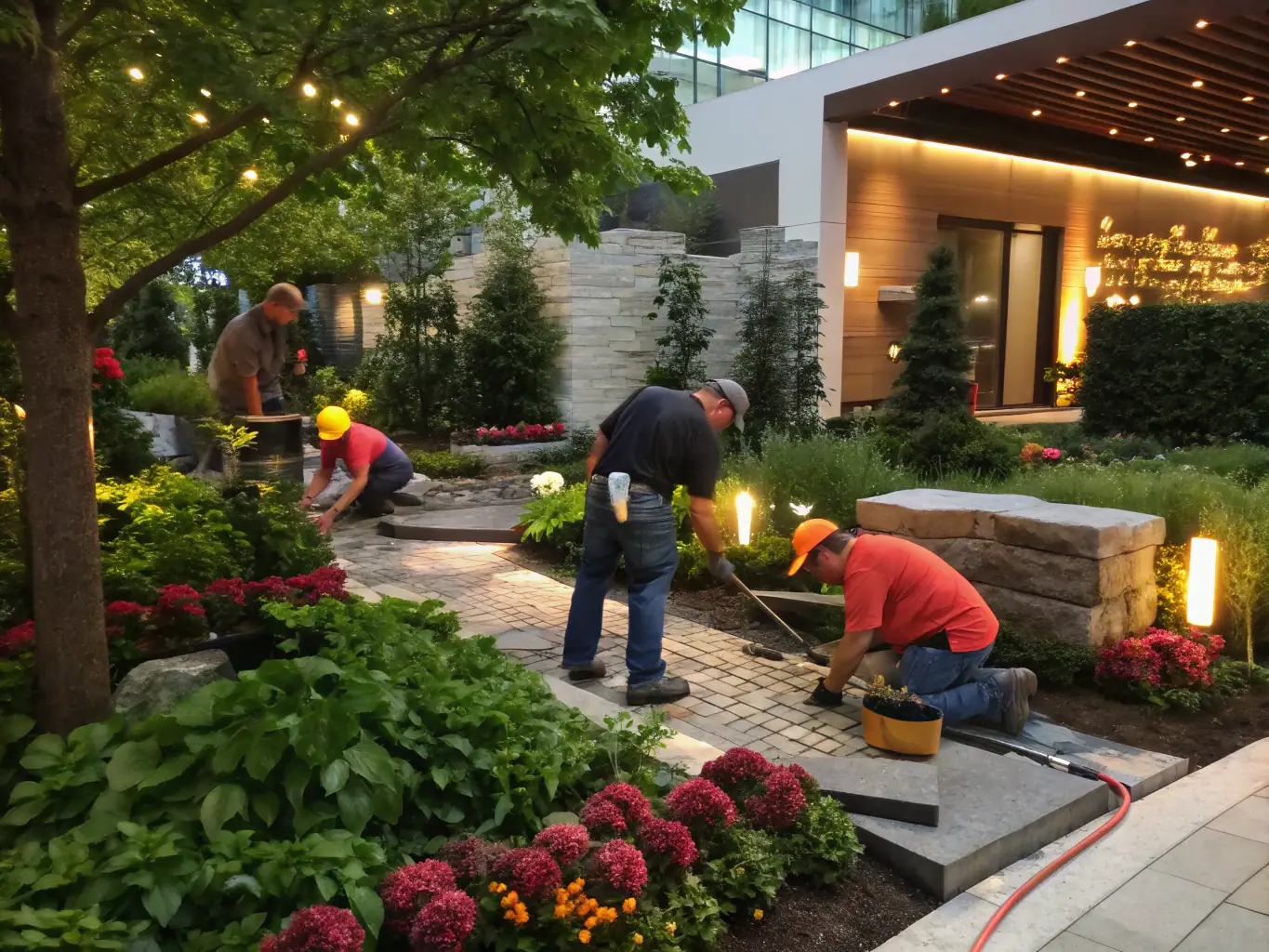 A team of landscapers installing a new irrigation system in a garden, demonstrating the installation service.