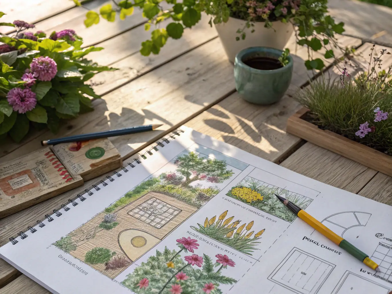A beautifully designed garden plan with various plants and features, showcasing the landscape design service.